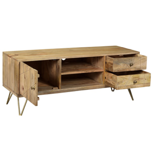 Meuble TV gravé en bois manguier massif et métal L130 LINIUM
