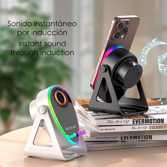 Altavoz H68 con tecnología de inducción inteligente que amplifica el sonido al colocar el móvil encima. Con Bluetooth, carga inalámbrica de 15W y luces LED multicolor.