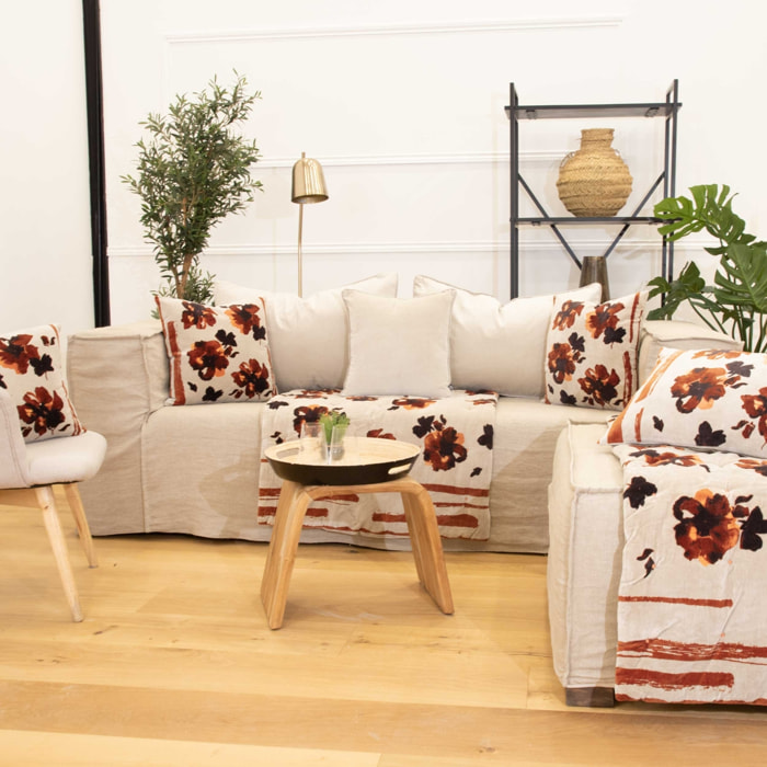 Coussin floral en velours - Naturel