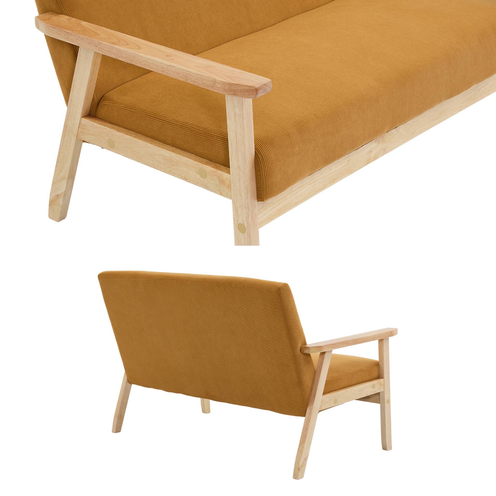 Banquette canapé 2 places en bois et tissu velours côtelé coloris moutarde. Isak. L 114 x P 69.5 x H 73cm