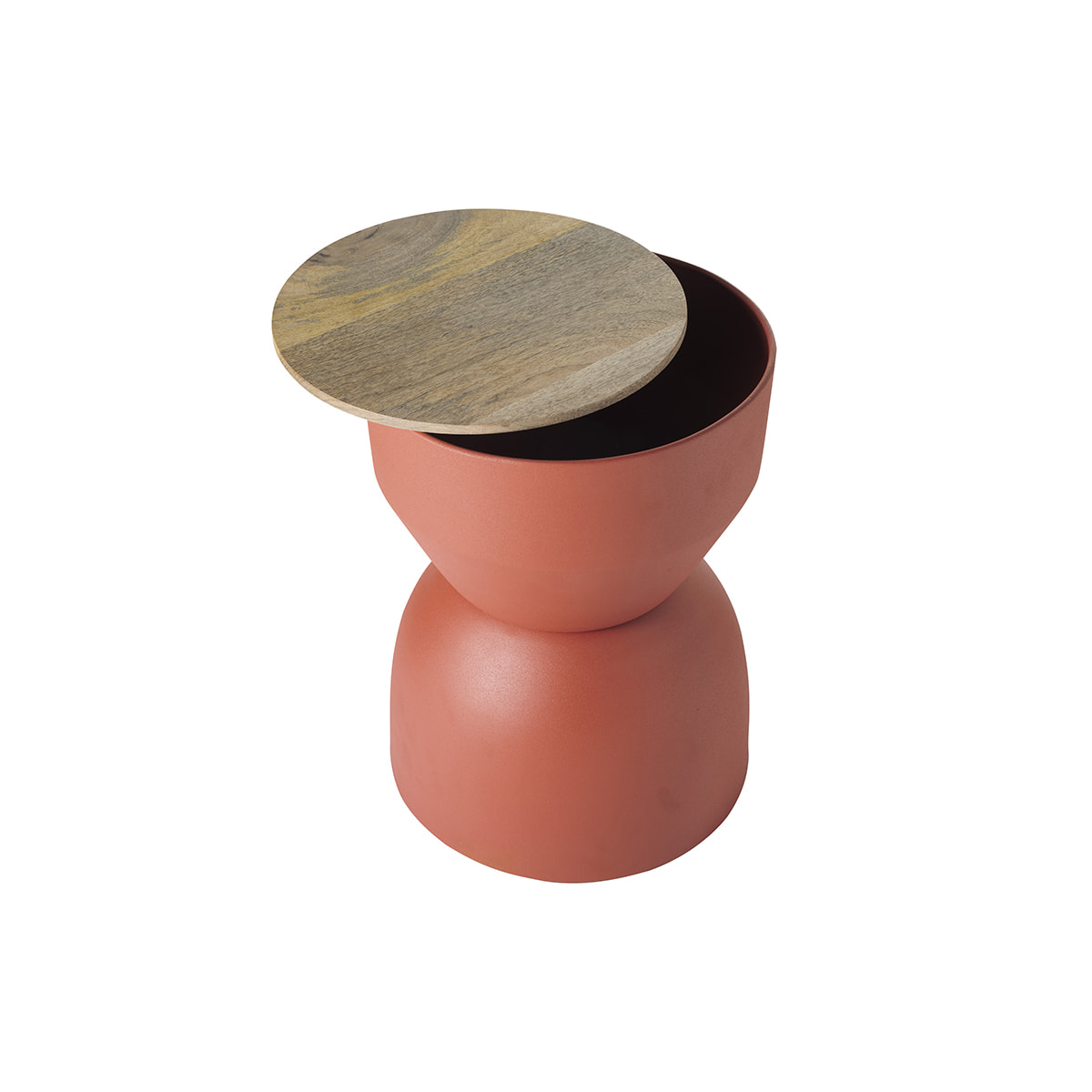 Table d'appoint ronde design avec rangement en métal terre brulée et bois manguier massif D30 cm YOYO