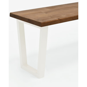 Banc en bois massif de couleur chêne foncé et pieds en fer blanc de différentes tailles.