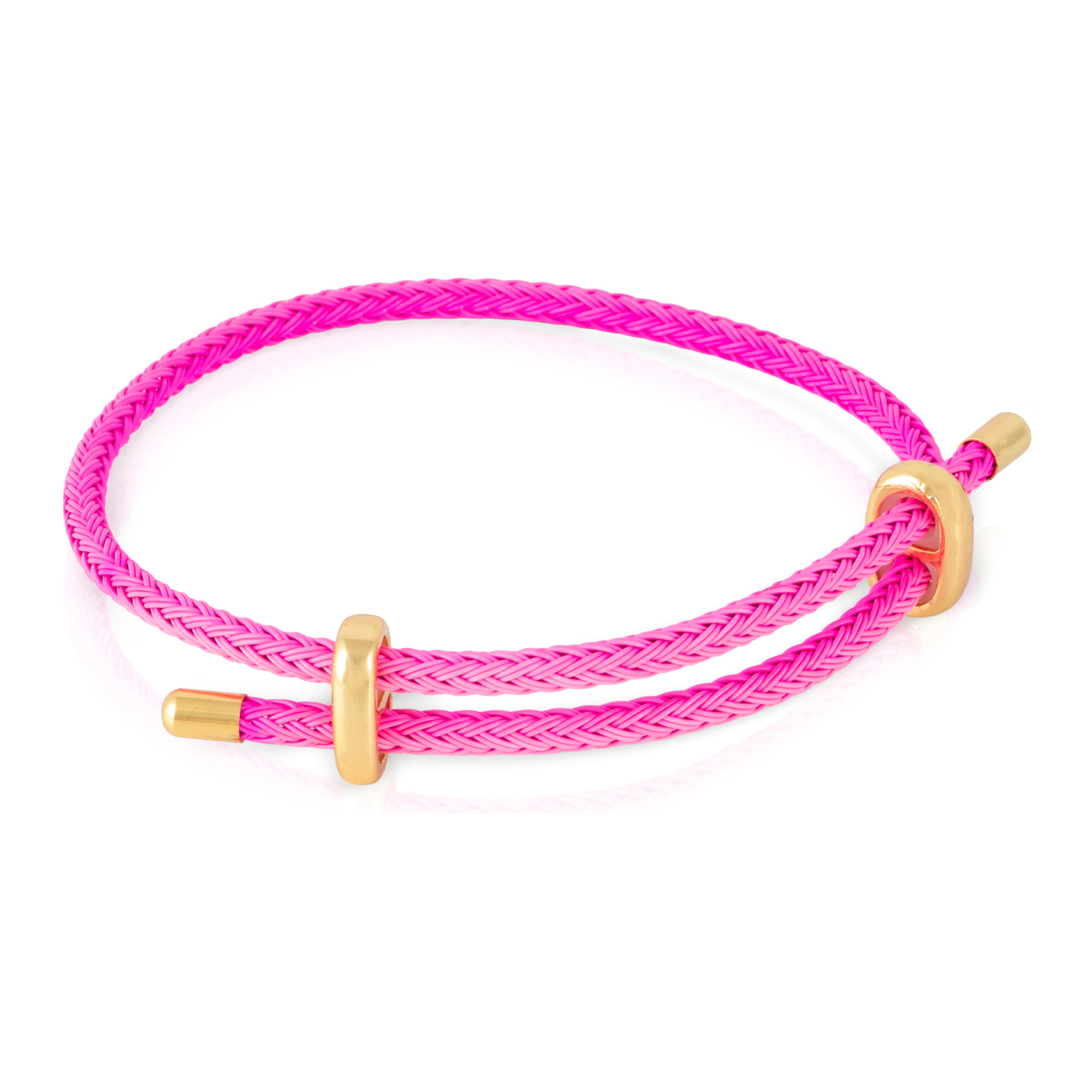 Pack de 3 pulseras trenzadas de alambre de acero rosa, azul y rojo con cierre cruzado de cobre dorado.