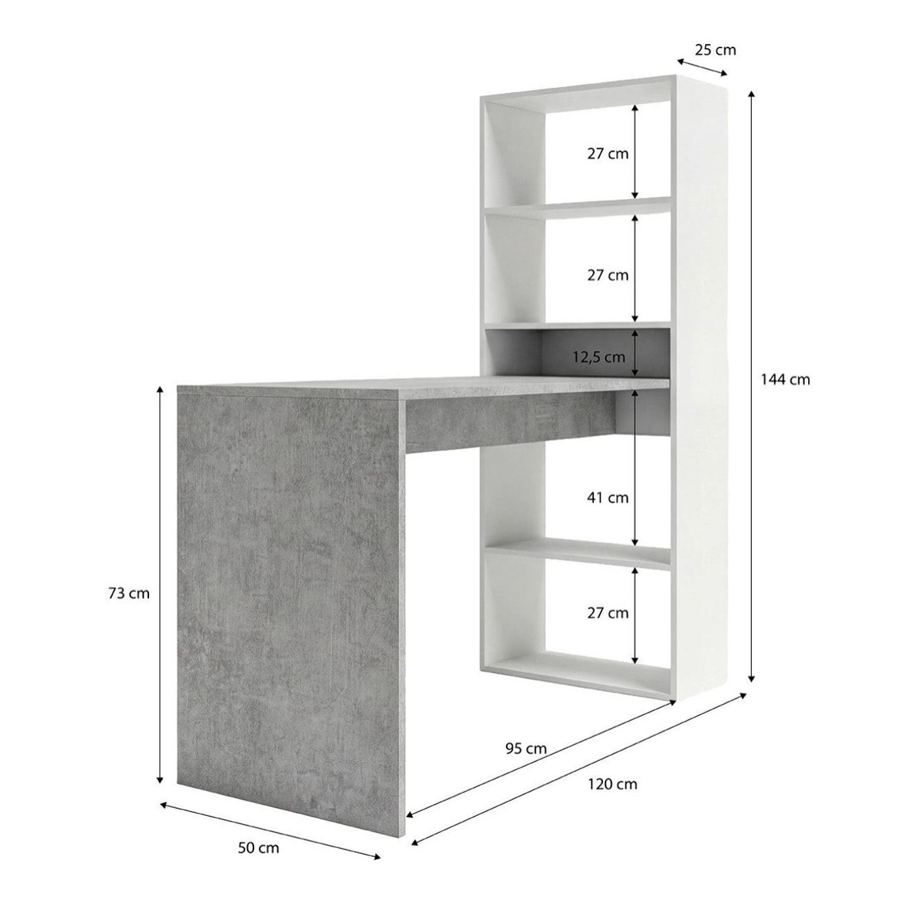 Mesa de escritorio con estantería en blanco artik y gris cemento 120x50 cm Cosmic Blanco Artik (Blanco Mate) - Gris Cemento