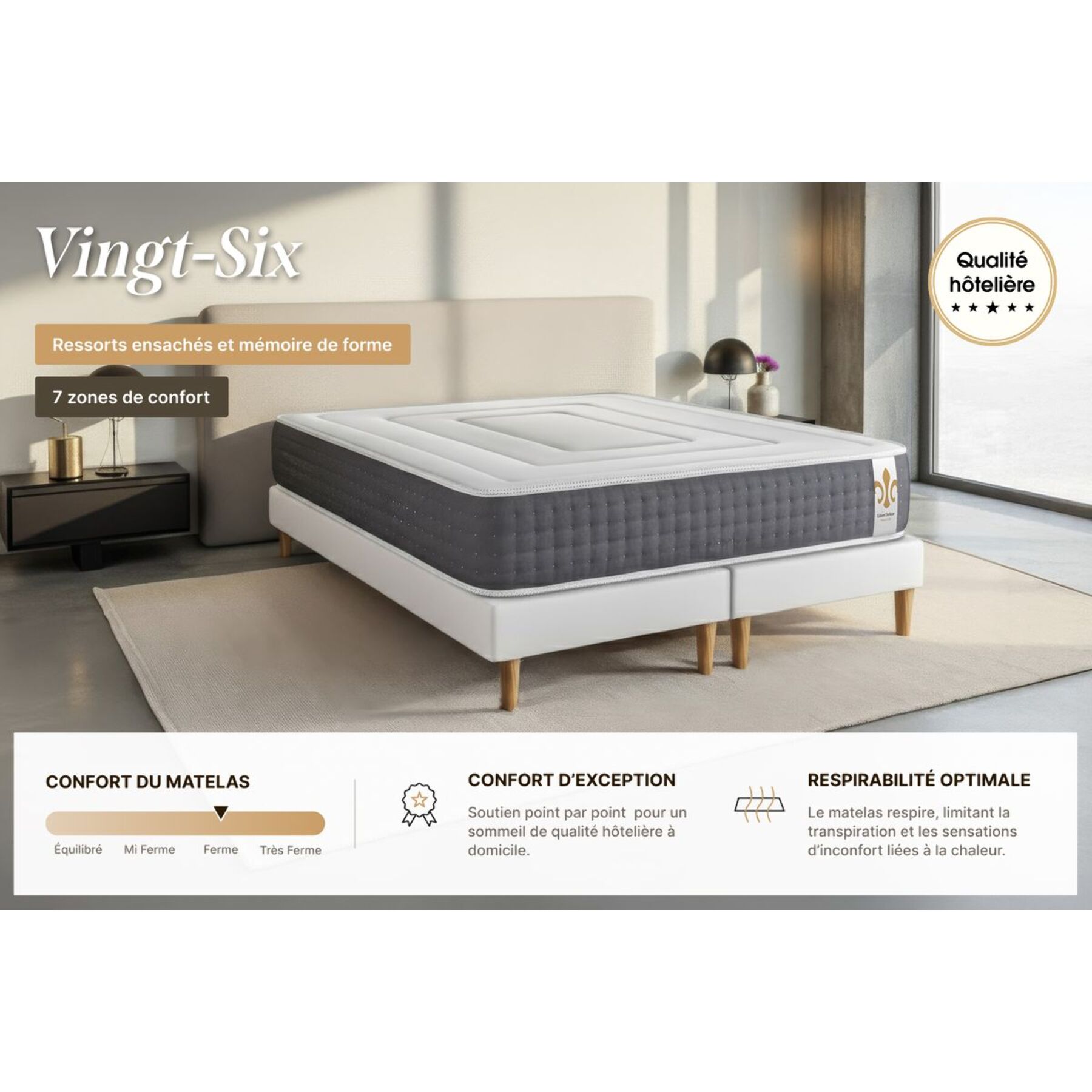 Ensemble Matelas Vingt-Six - 26cm - Ressorts ensachés et mémoire de forme - Confort 5? - Sommier Tapissier Gris
