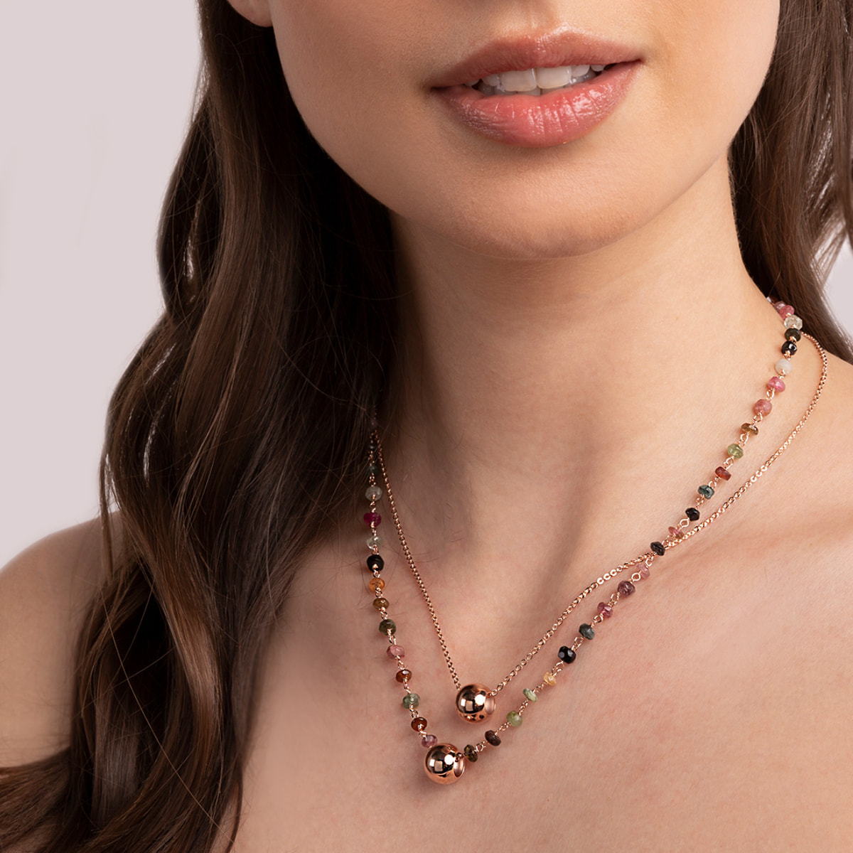 Collana Multifilo con Doppio Pendente e Pietra Naturale Spinello Tormalina