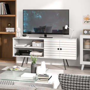 Meuble TV banc TV 2 portes étagère 2 niches dim. 145 x 38 x 65 cm piètement bois noir blanc