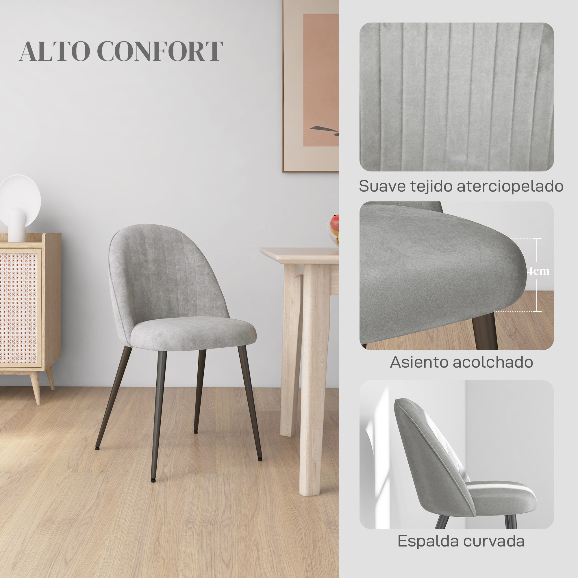 Pack de 4 Sillas de Comedor Modernas, Sillas de Cocina Tapizada en Terciopelo con Respaldo Curvo y Patas de Acero, para Salón, Gris