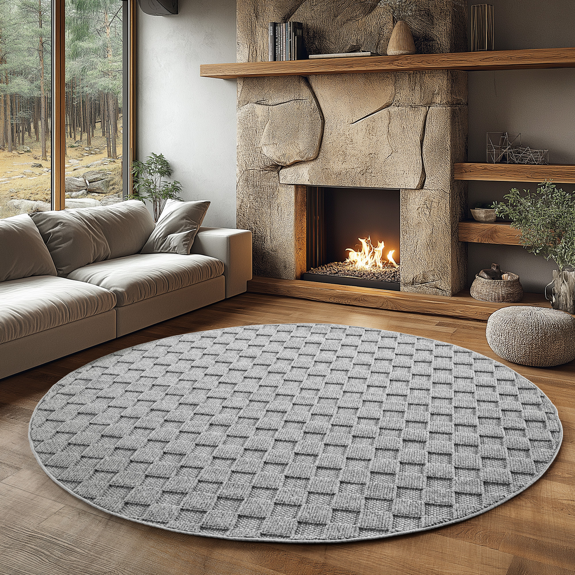 HELIX - Tapis moderne rond effet laine bouclé à motif damier en relief gris