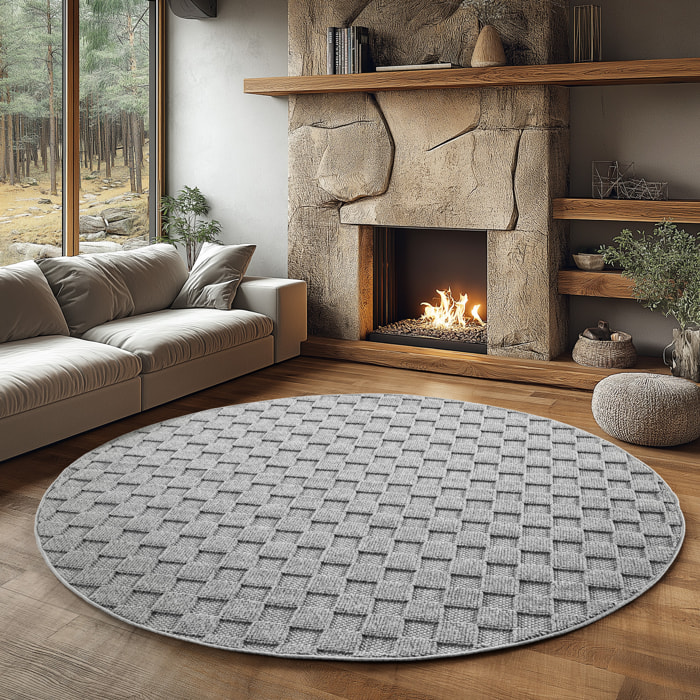 HELIX - Tapis moderne rond effet laine bouclé à motif damier en relief gris