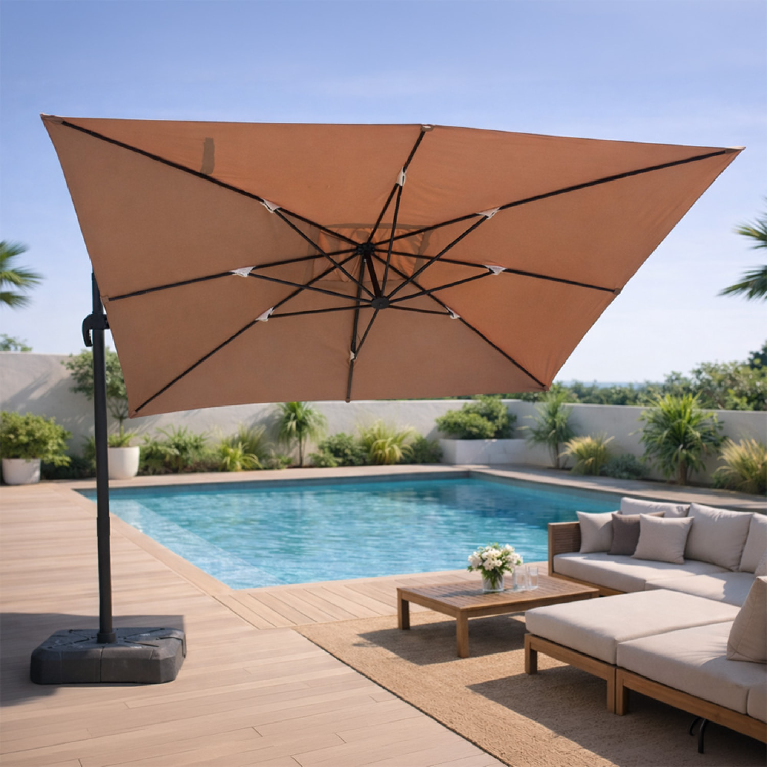 Parasol rectangulaire 3x4m déporté rotatif taupe en aluminium NAVIA