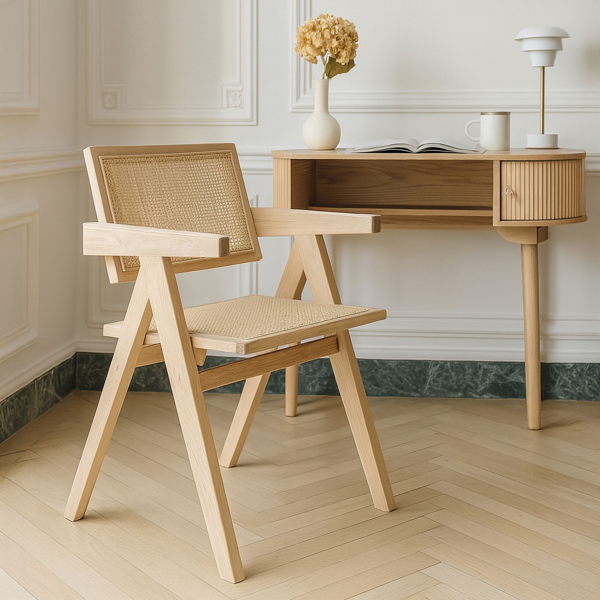 Chaise de bureau en bois de pin et canage beige HECTOR