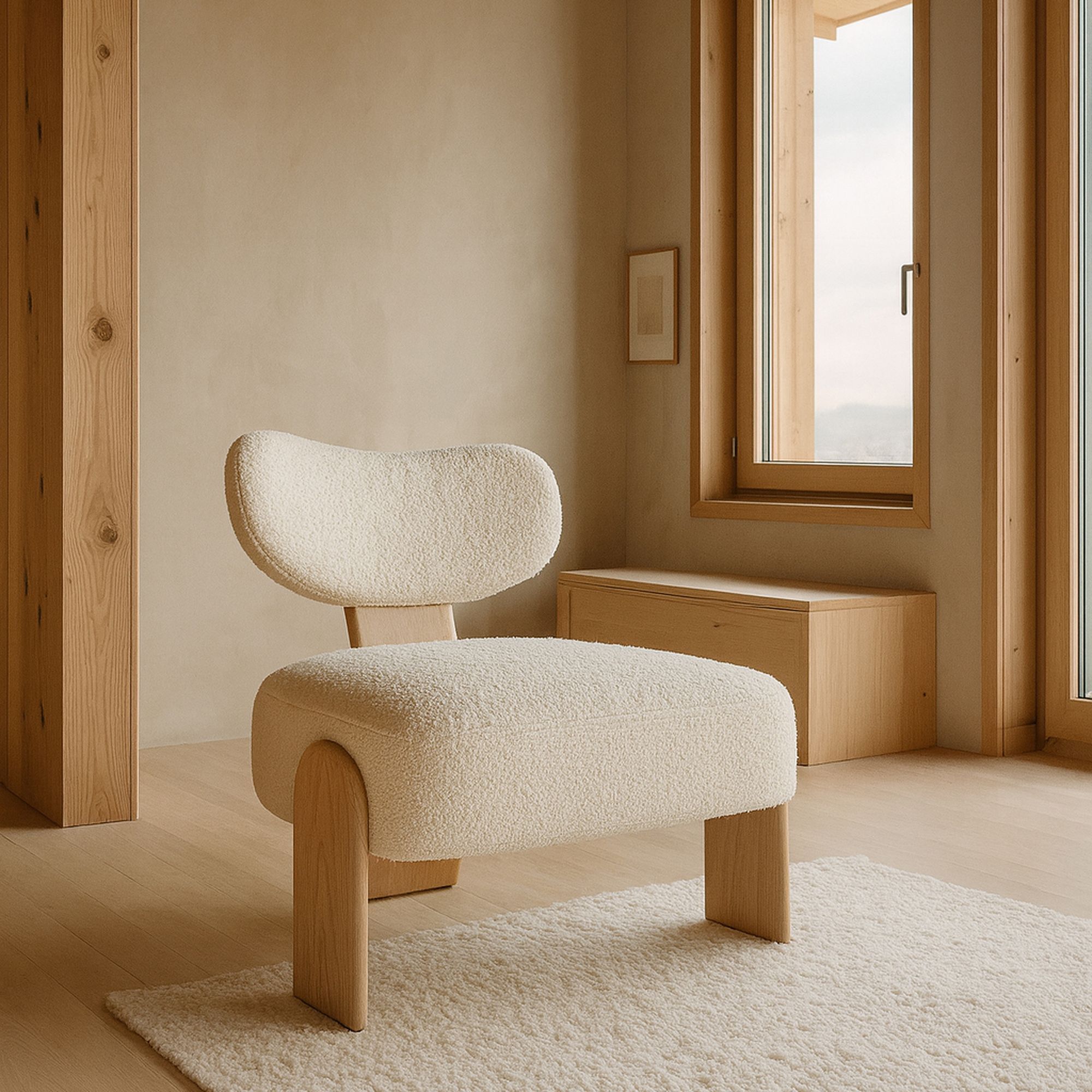 Fauteuil effet bouclette beige et structure en bois  HELLA