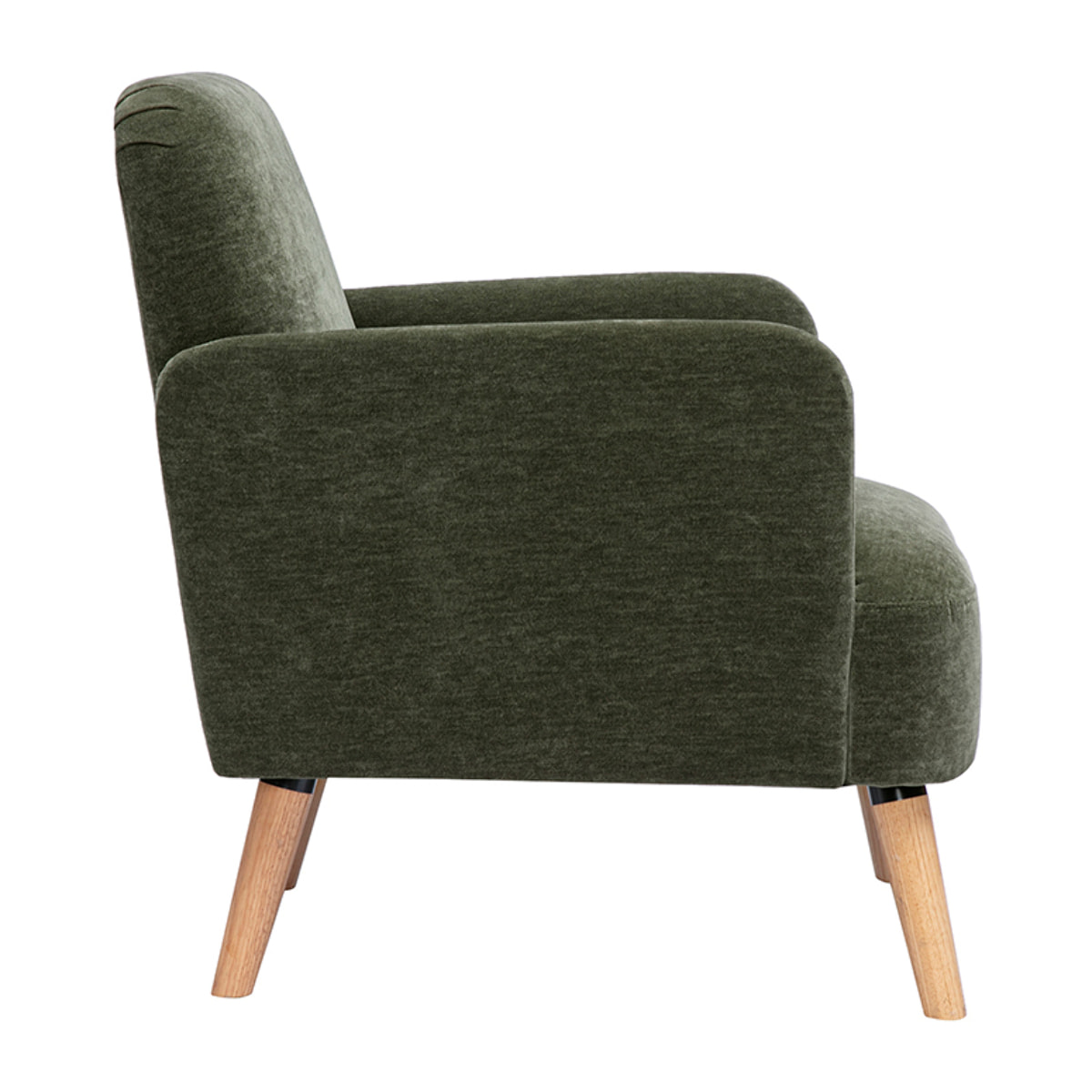 Fauteuil scandinave en tissu effet velours vert kaki et bois clair ISKO