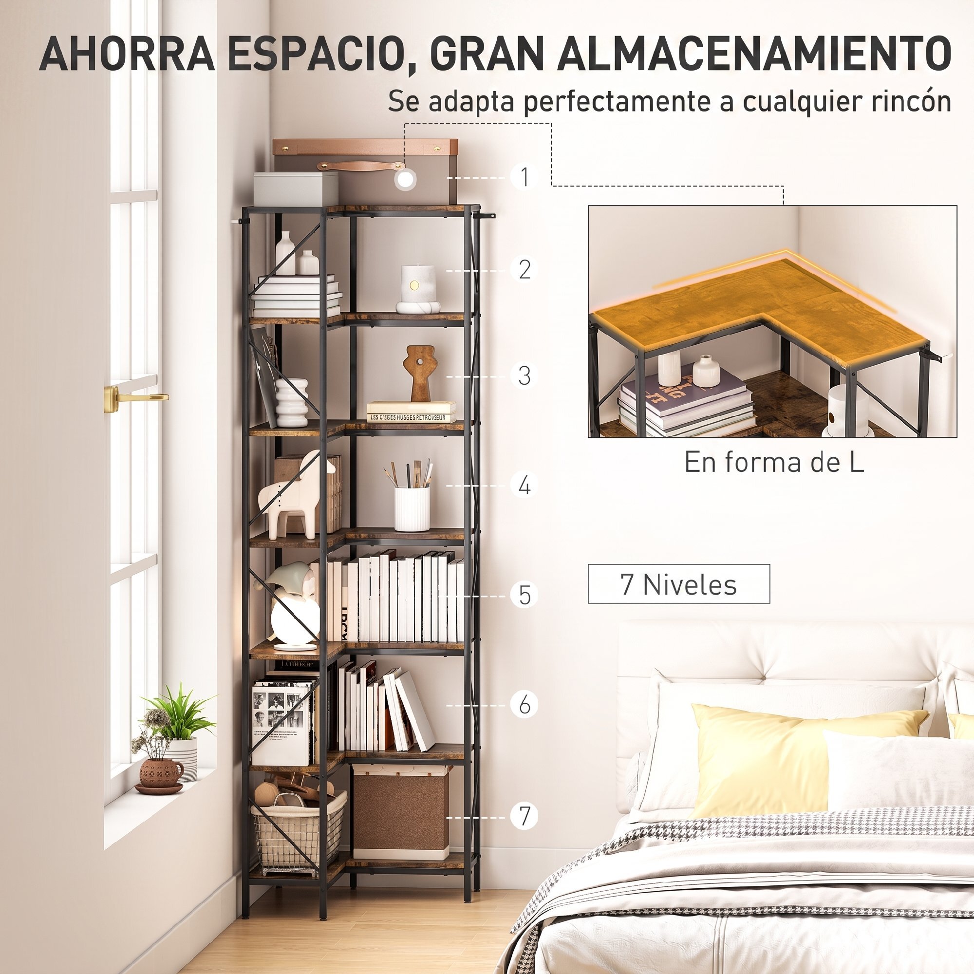 Estantería de Esquina de 7 Niveles, en Forma de L, Estantería Industrial, para Dormitorio, Salón, Estudio u Oficina, 60x60x198 cm, Marrón Rústico