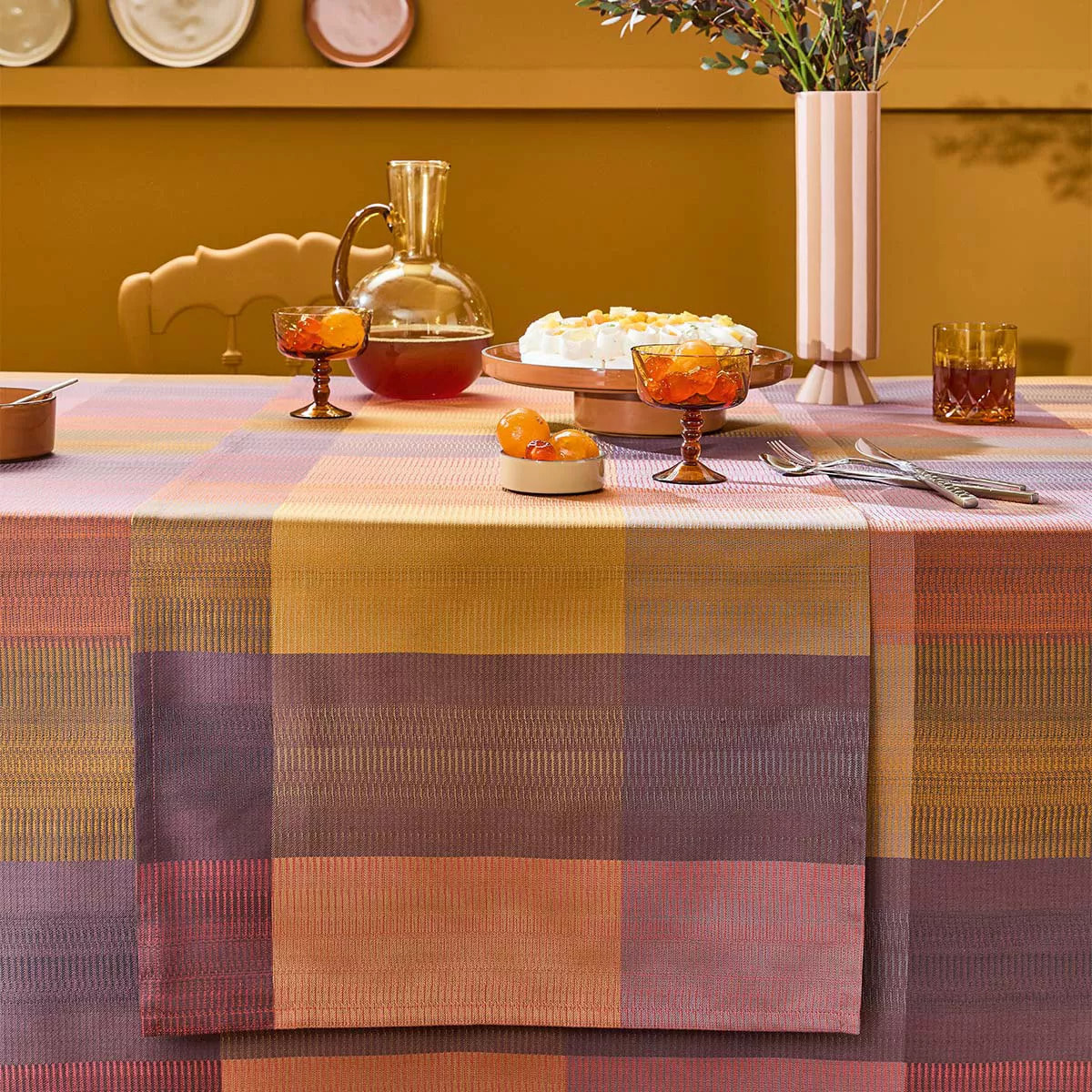 Chemin de table pur coton motif jacquard violet Mille ecossais velvet