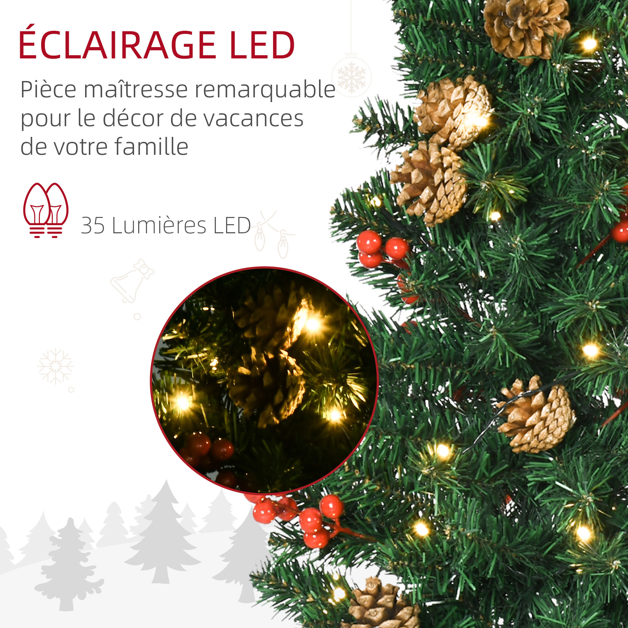 Lot de 4 pièces - décorations de Noël lumineuses LED - couronne, guirlande, 2 sapins avec pots et accessoires - vert