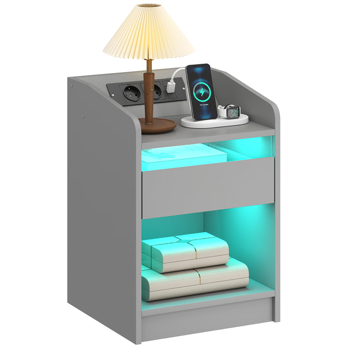 Mesita de Noche con Estación de Carga y Luz LED RGB, Mesilla de Noche Dormitorio con Cajón, Estante Abierto, Puertos USB y Control Remoto, para Salón, Estudio, 40x40x58 cm, Gris