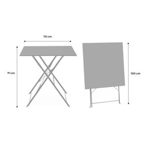 Table jardin bistrot carrée pliable 70x70cm. 2 places en acier thermolaqué