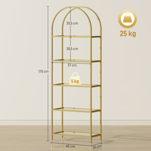 Estantería de Vidrio Templado de 5 Niveles, Estantería Almacenaje, Estructura Arqueada, Librería Estrecha para Espacios Pequeños, Baño, Sala de Estar y Cocina, 60x30x175 cm, Dorado