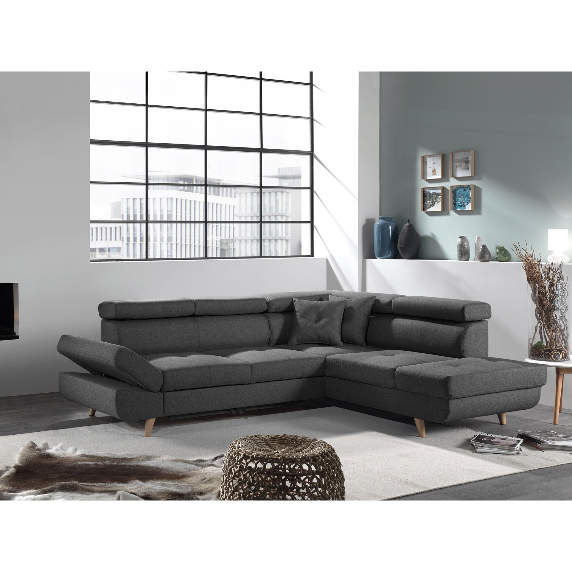 Linea - Canapé d'angle droit convertible - 5 places - avec têtières - Gris foncé