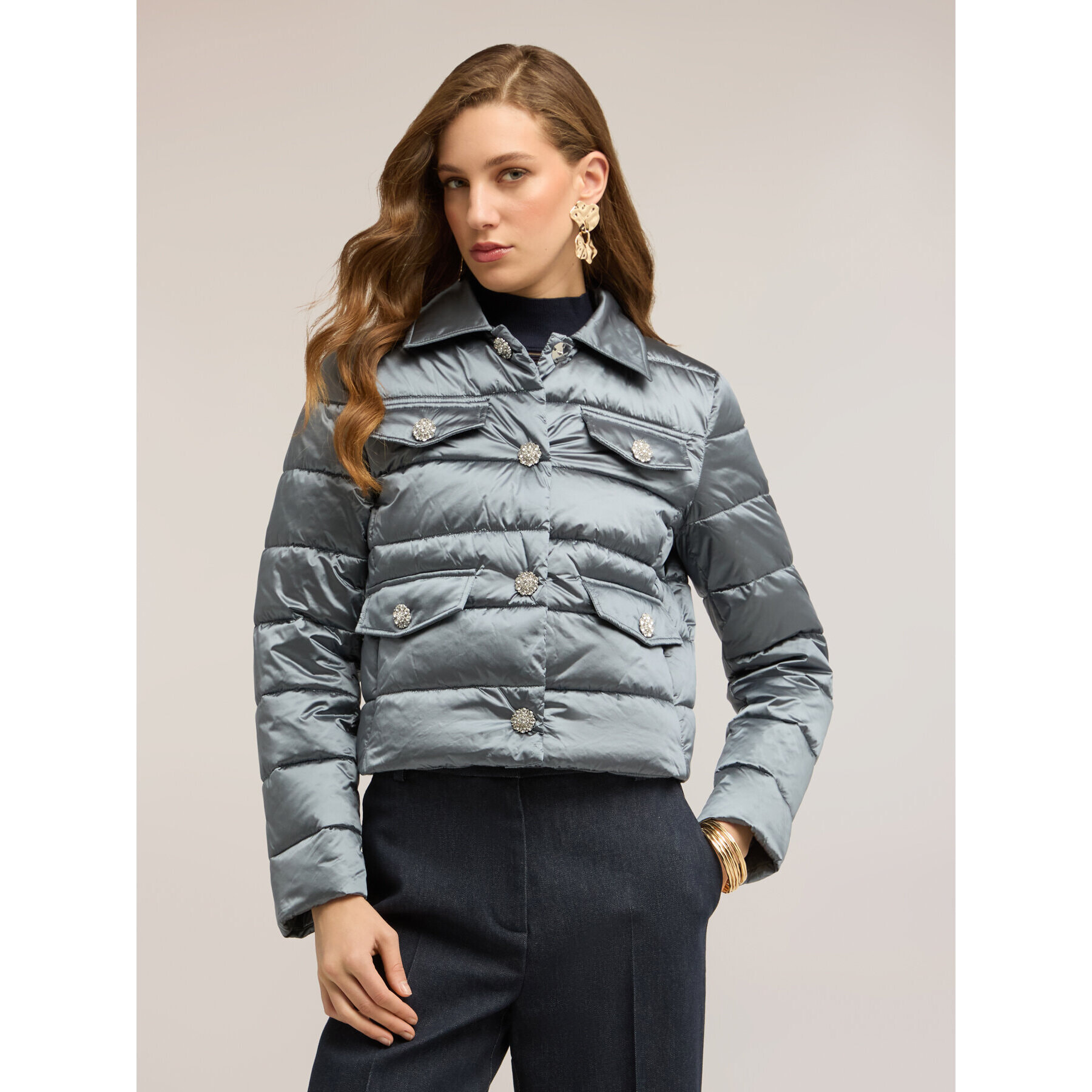 Motivi - Plumífero lightweight corto con botones joya - Gris