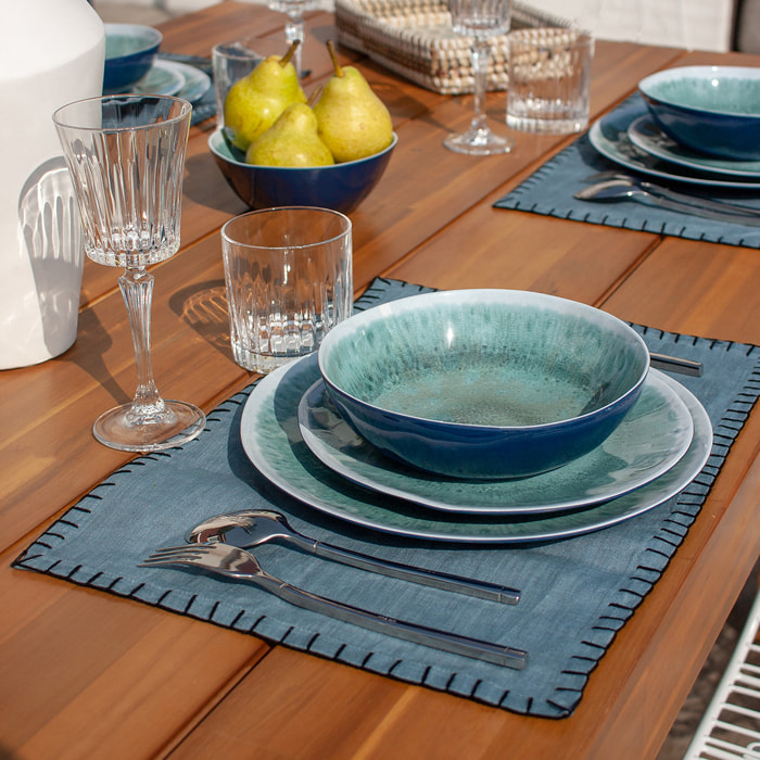 LOT DE 4 SETS DE TABLE LIN BLEU SURPIQURE NOIRE 45X30CM PALERME