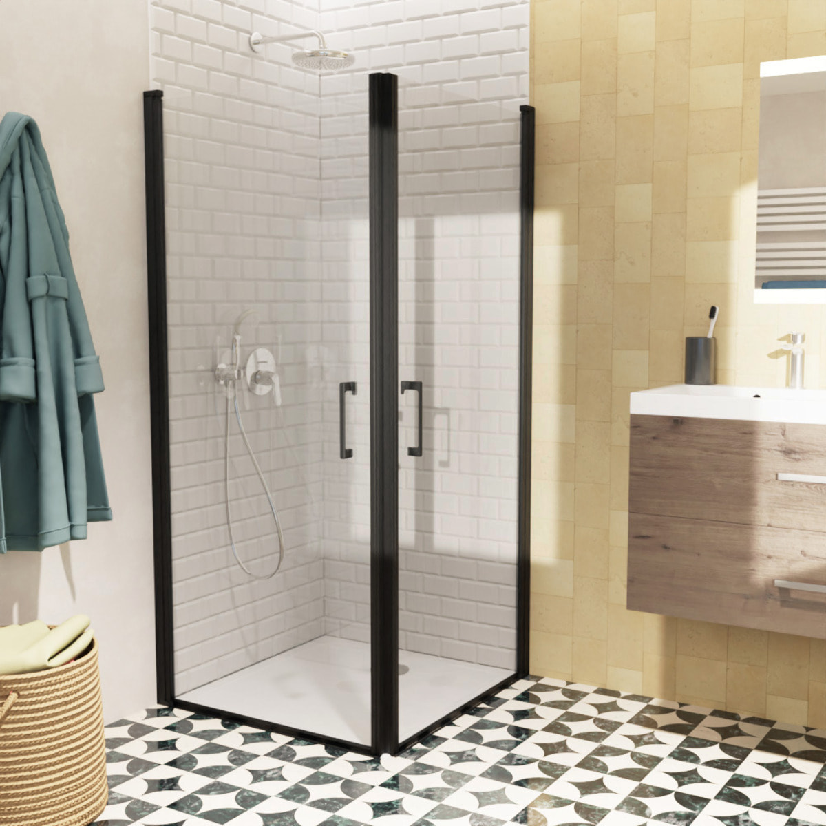 Fusion Portes de douche acces en angle pivotantes 80x80cm anticalcaire avec profilés noir mat (SATFUD8080C-SET)