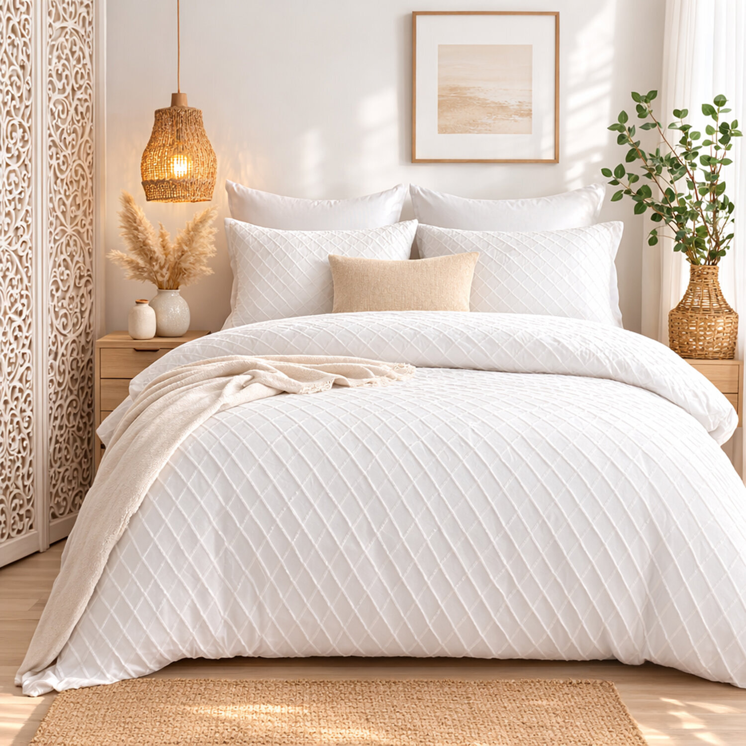 Parure housse de couette tufté 100% microfibre - Blanc MARLA