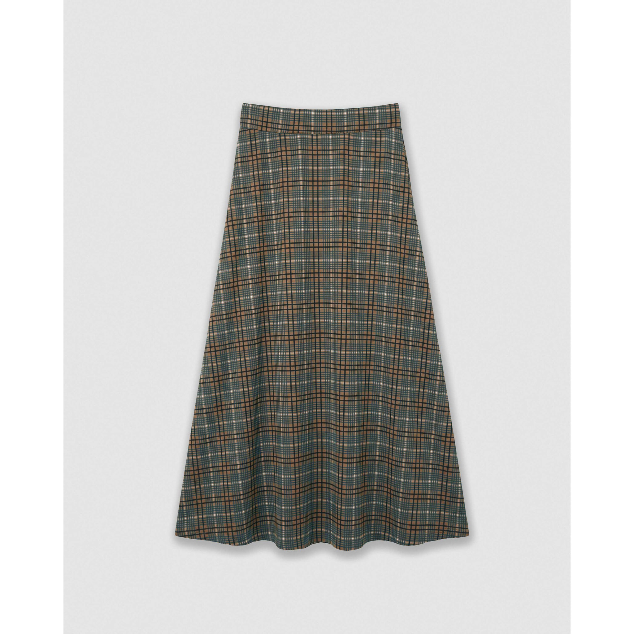 Falda midi viscosa evasé soft cuadro promo marrón