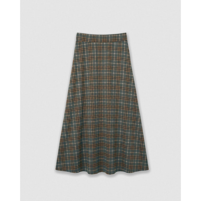 Falda midi viscosa evasé soft cuadro promo marrón