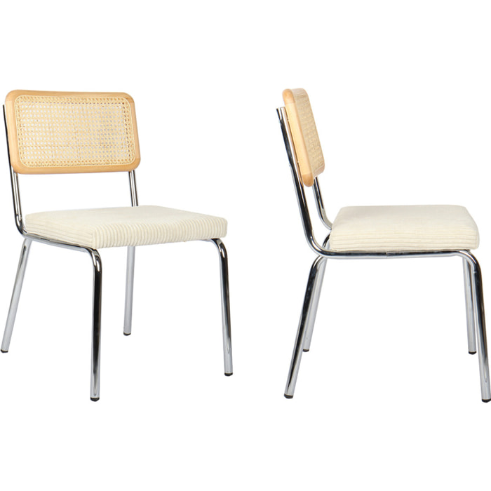 Lot de 2 chaises chromées, cannage et velours côtelé - PAULA