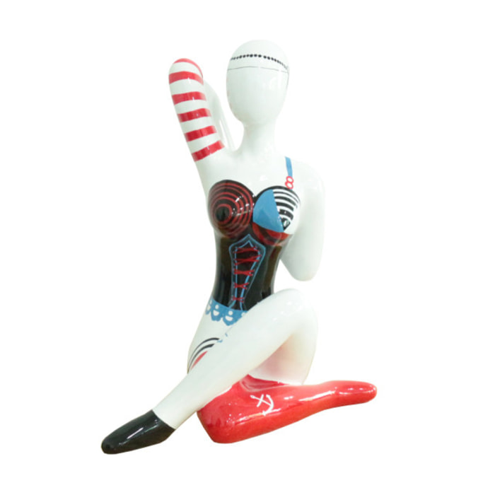 Statue femme assise en résine avec corset rouge noir et bleu H54cm - CIRCE 03