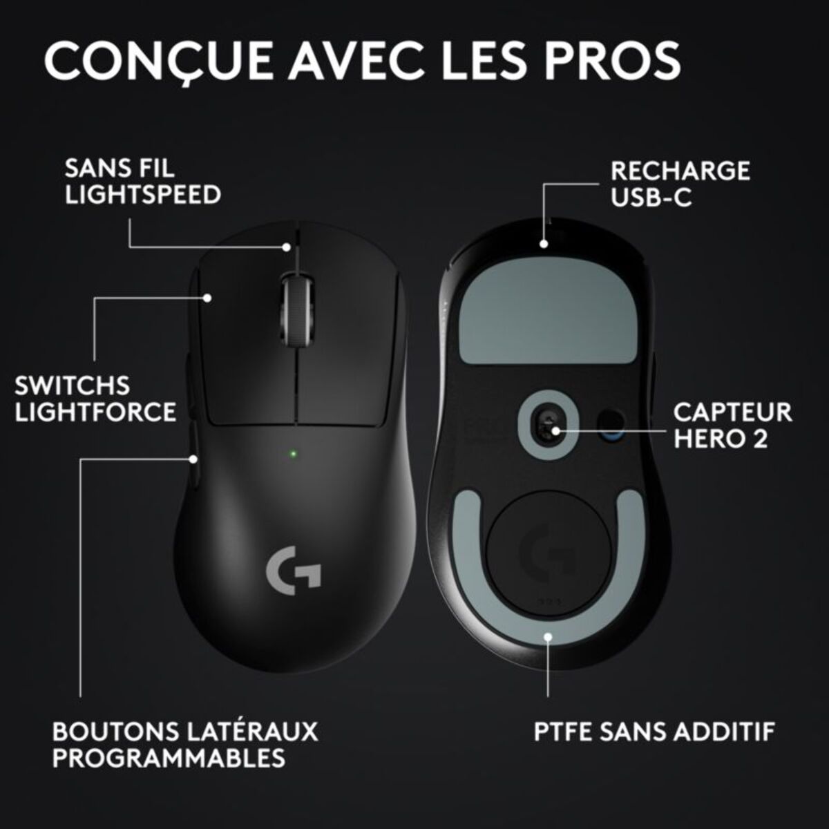 Souris Gamer Sans Fil LOGITECH PRO X SUPERLIGHT 2 DEX LIGHTSPEED Noir