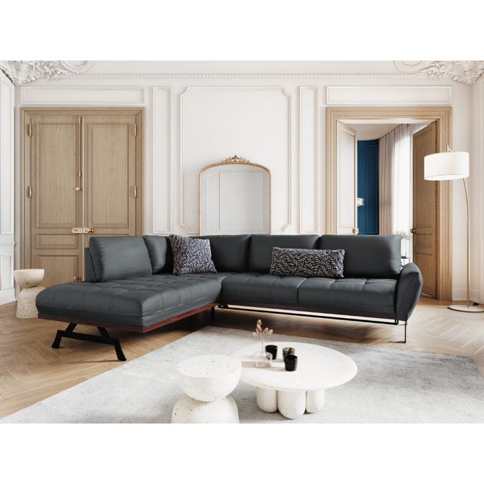 Canapé d'angle gauche convertible "Olivier" 5 places en cuir véritable bleu gris