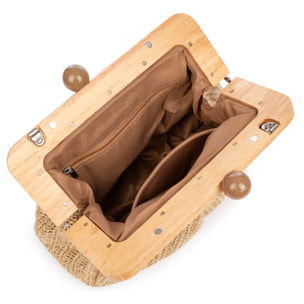 Benestare Bolso bandolera Mujer. Tela con detalles de madera natural y piel sintética.