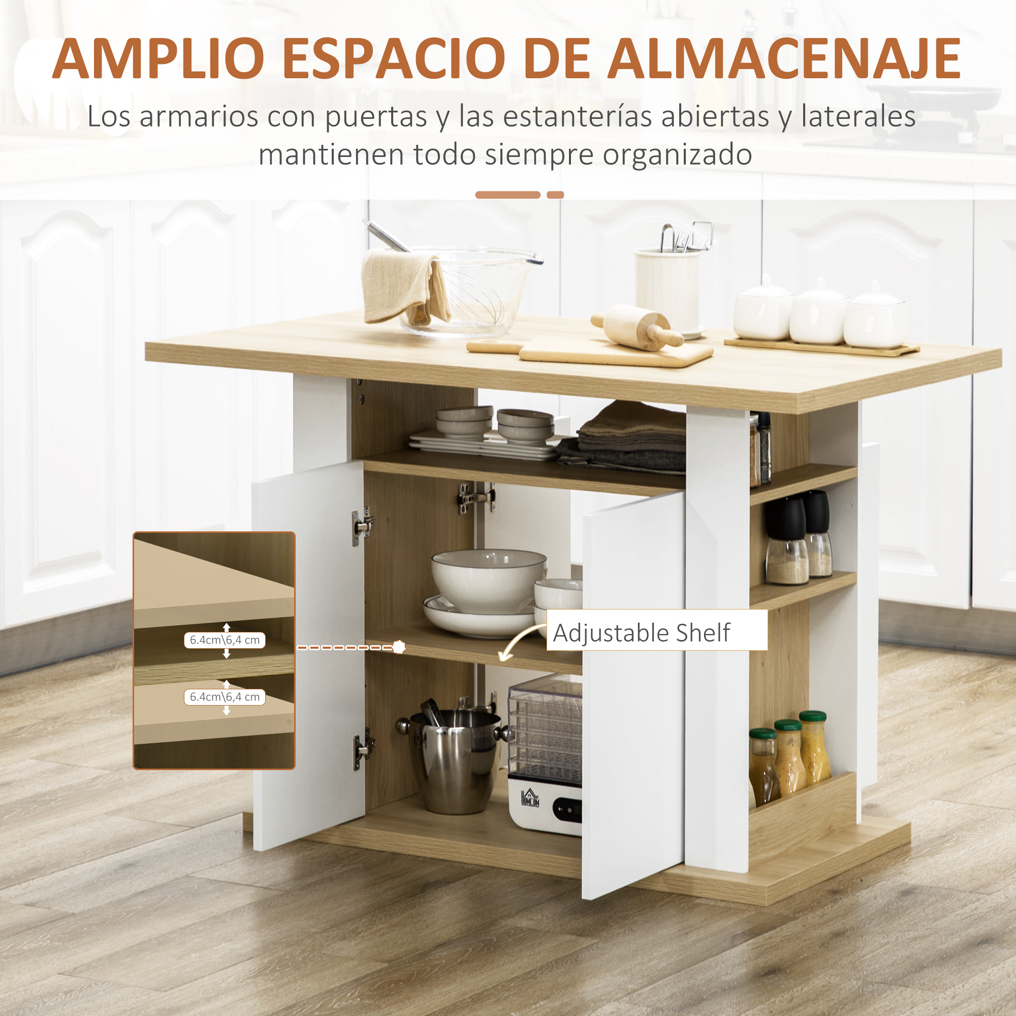 Isla de Cocina, para 4-6 Personas, Mueble de Cocina con 4 Puertas, Compartimentos Abiertos, Estante Ajustable, 110x70x75,5 cm, Roble y Blanco