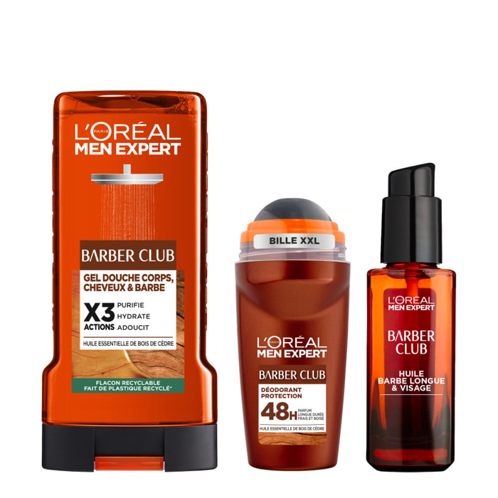 Lot Men Expert Barber Club Gel Douche 3en1, Déodorant Bille Protection 48h, Huile Barbe et Visage