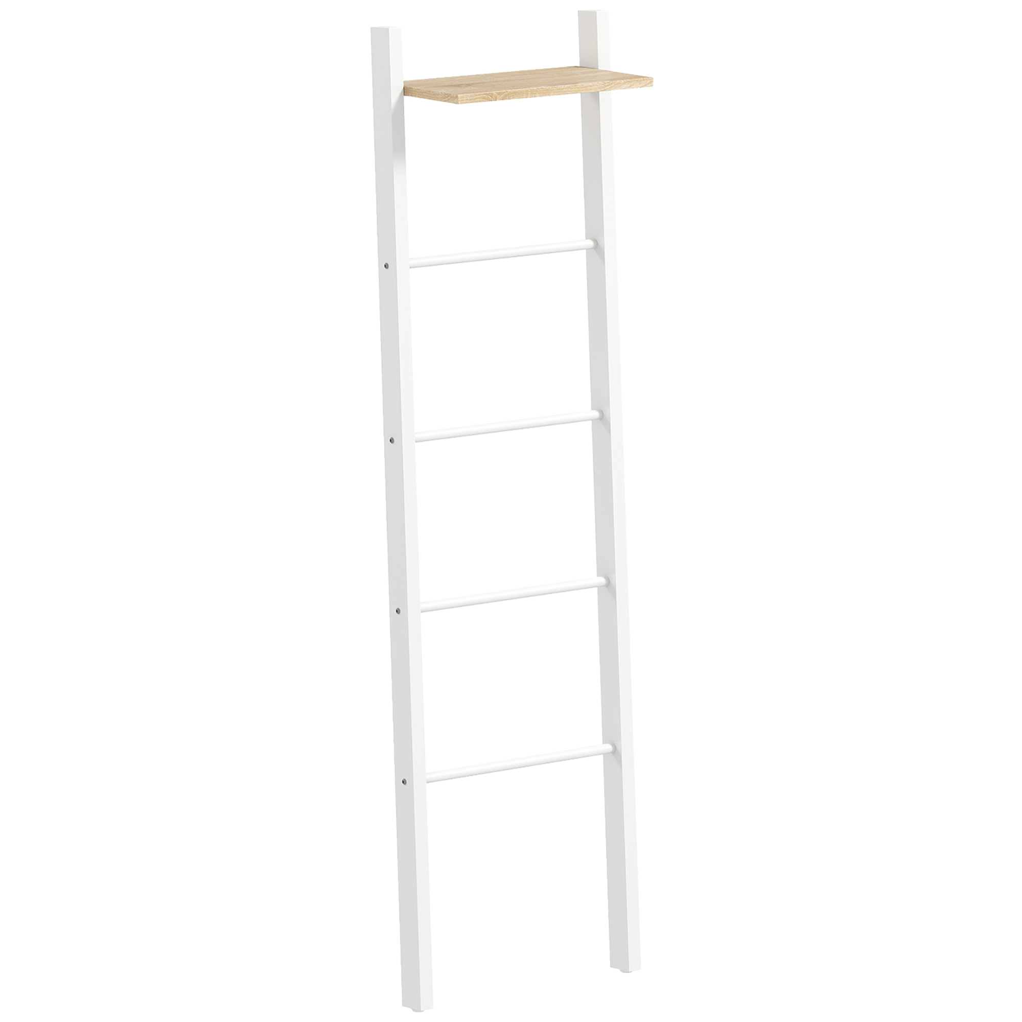 Toallero Escalera con Estante Superior y 4 Barras, Toallero de Baño para Apoyar en Pared, Estantería de Escalera Inclinada, para Dormitorio, Salón, 43x20x151 cm, Blanco y Roble
