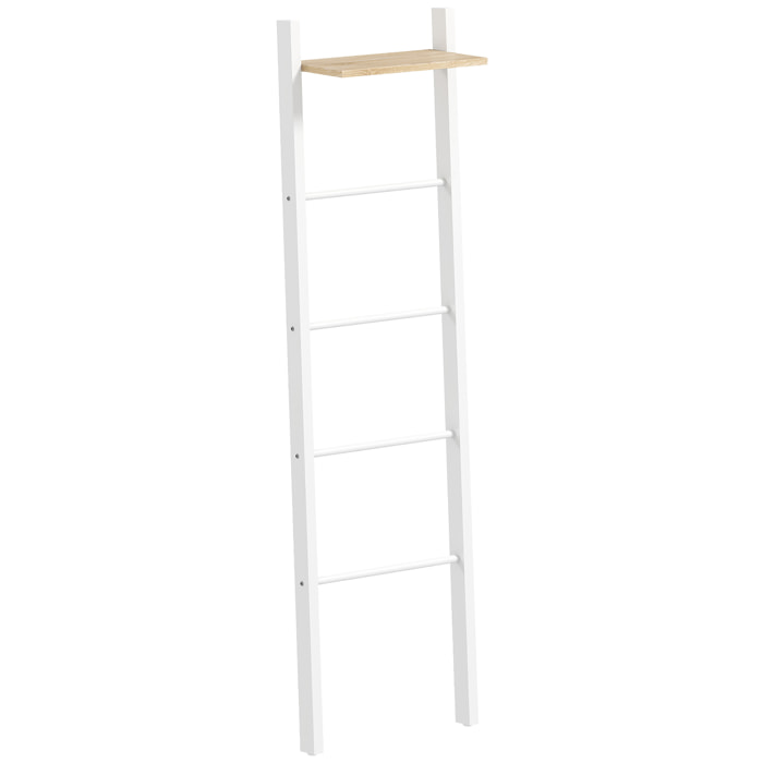 Toallero Escalera con Estante Superior y 4 Barras, Toallero de Baño para Apoyar en Pared, Estantería de Escalera Inclinada, para Dormitorio, Salón, 43x20x151 cm, Blanco y Roble