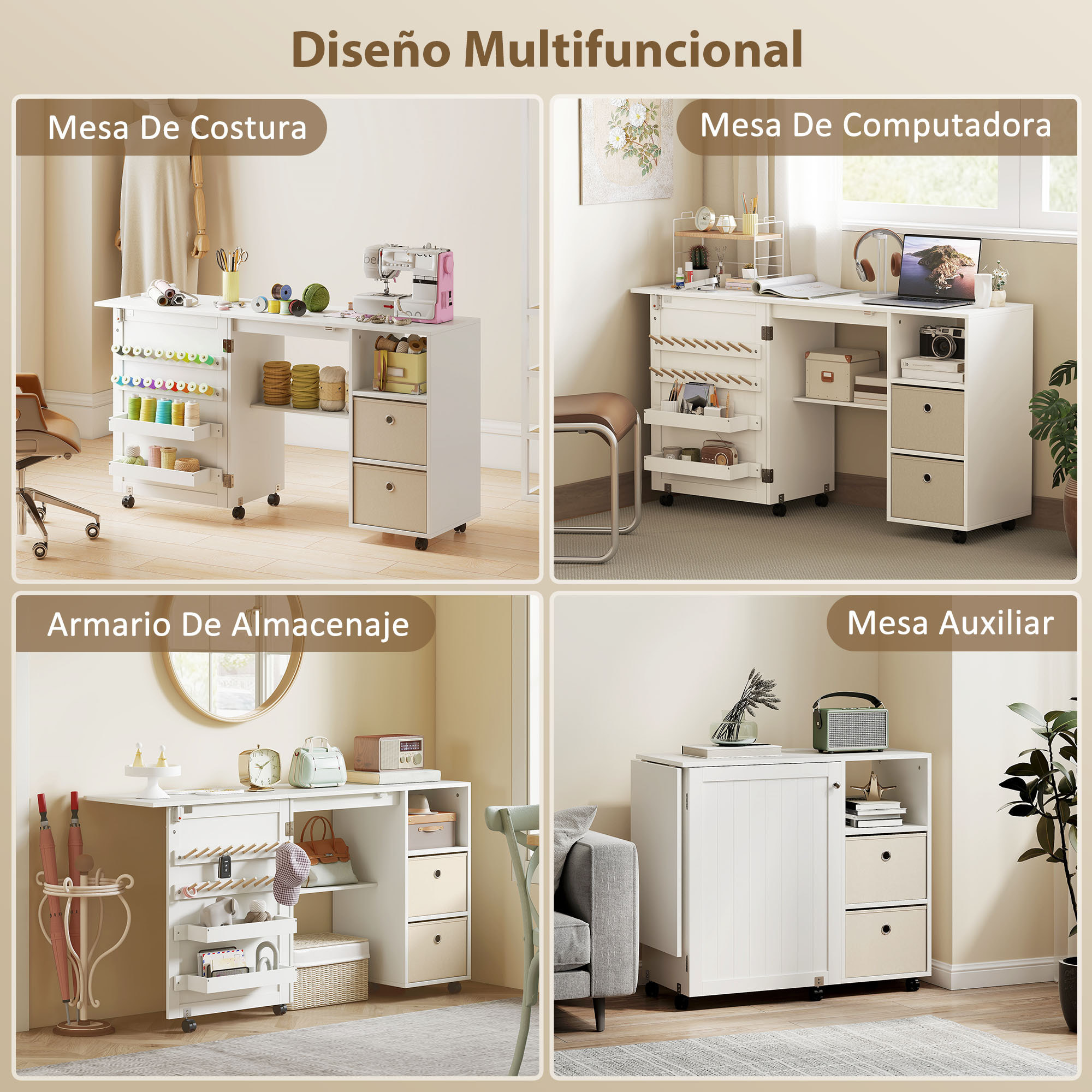 Mesa de Costura Plegable con 6 Ruedas, Mueble para Máquina de Coser con 18 Clavijas para Hilos, 2 Cajones de Tela, 3 Compartimentos, Tomas Corriente Armario de Costura para Estudio Salón Blanco