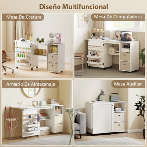 Mesa de Costura Plegable con 6 Ruedas, Mueble para Máquina de Coser con 18 Clavijas para Hilos, 2 Cajones de Tela, 3 Compartimentos, Tomas Corriente Armario de Costura para Estudio Salón Blanco
