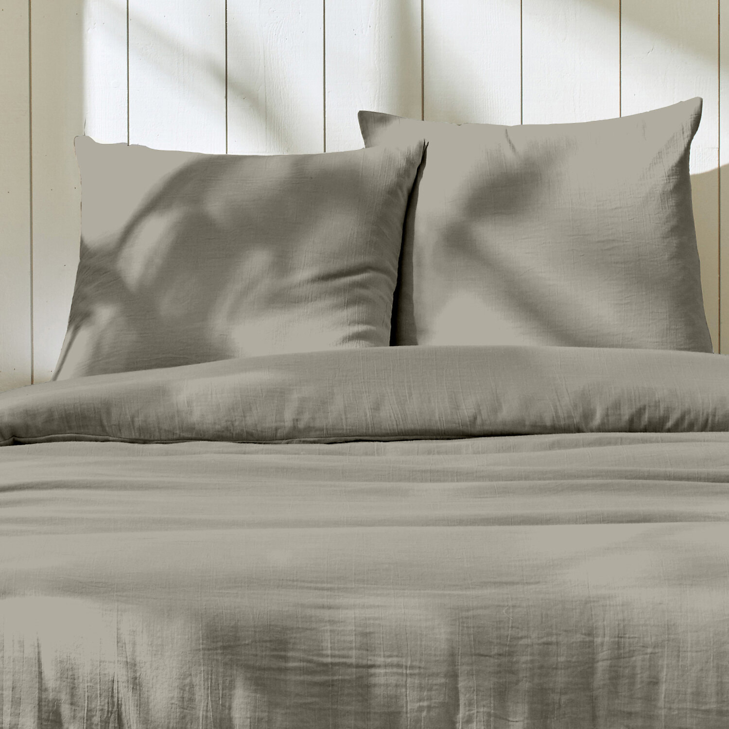Parure housse de couette 3pcs unie 100% gaze de coton - gris galet