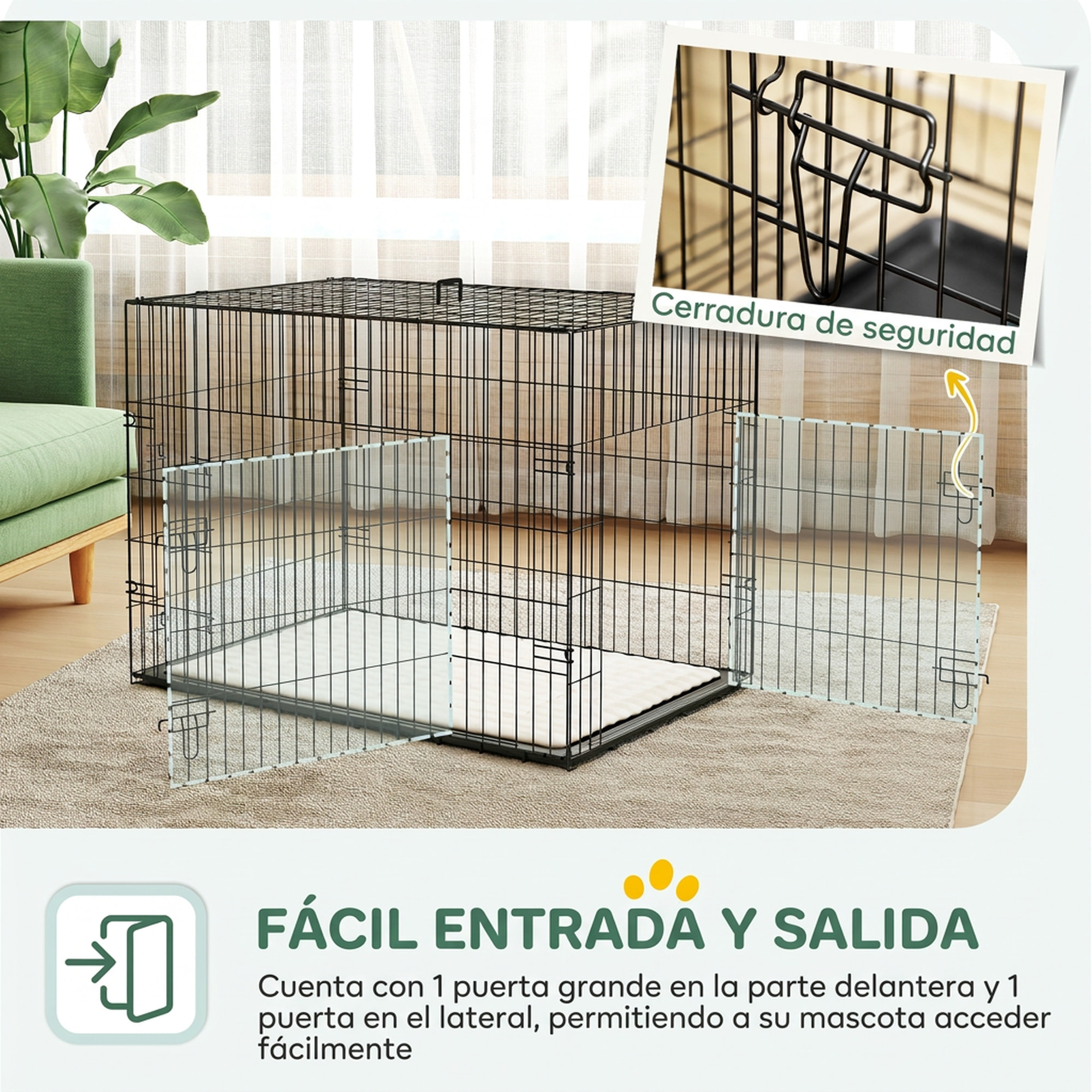 PawHut Jaula para Perros Plegable, Jaula para Perros Grandes con Cojín, 2 Puertas, Bandeja Extraíble y Marco de Alambre Metálico, 90x57,5x62 cm, Negro y Beige