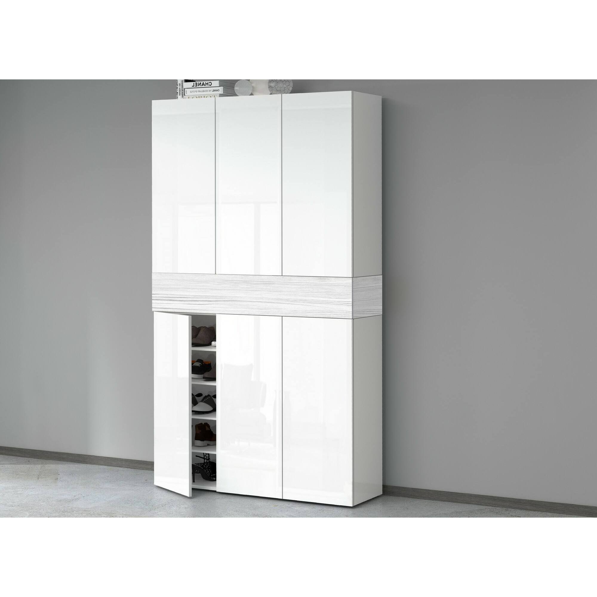 Scarpiera Charoite, Porta scarpe salvaspazio a 7 ante, Armadio multifunzione da ingresso, 114x35h200 cm, Bianco effetto larice