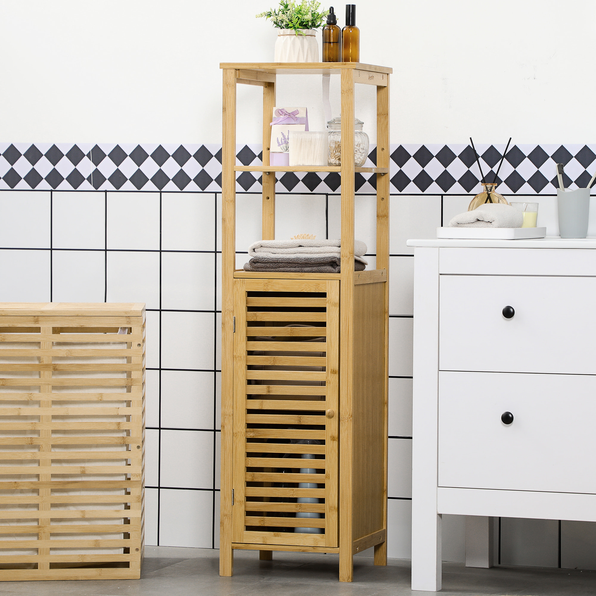 Colonne salle de bain en bambou H.120 cm - porte à lattes, 3 étagères - bambou verni