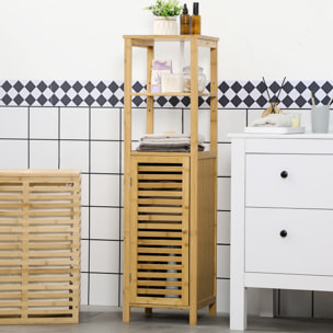 Colonne salle de bain en bambou H.120 cm - porte à lattes, 3 étagères - bambou verni