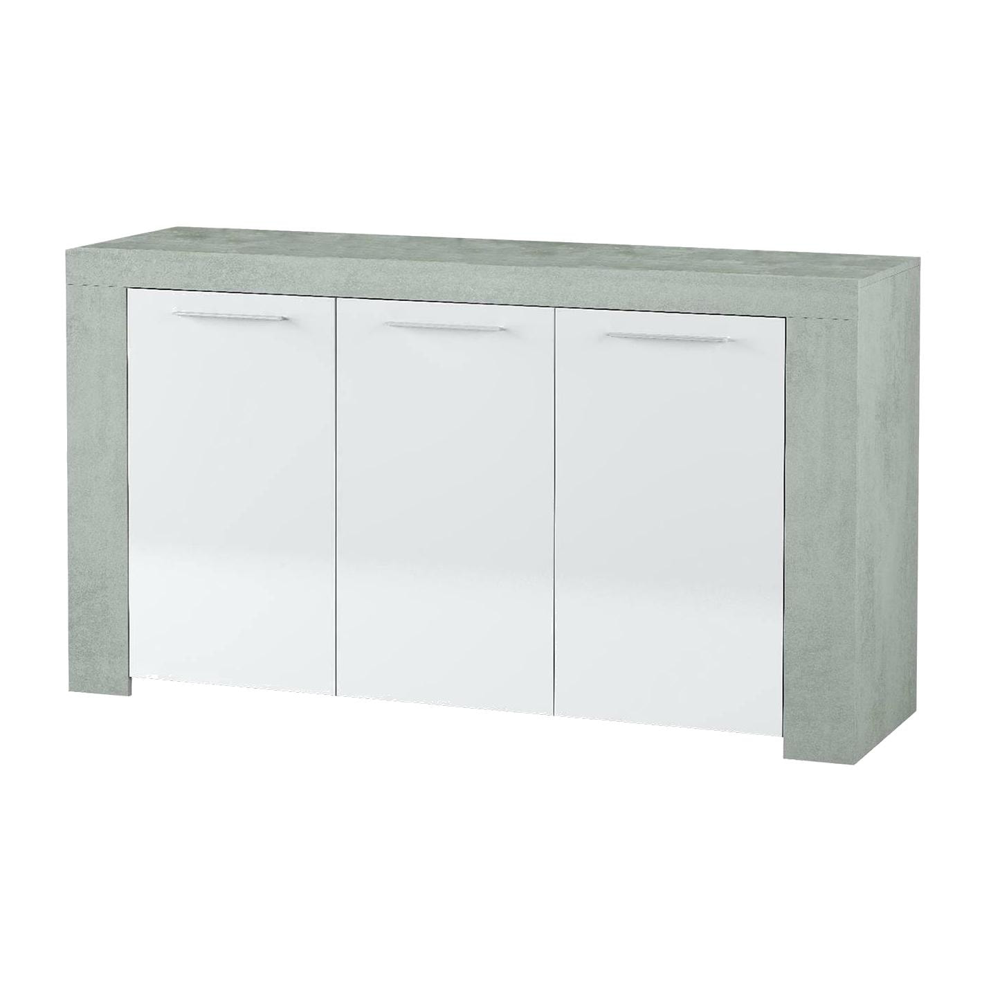 Credenza Bellevue, Madia moderna a 3 ante, Buffet da soggiorno, Mobile porta TV, Madia per salotto, cm 144x42h80, Cemento e Bianco