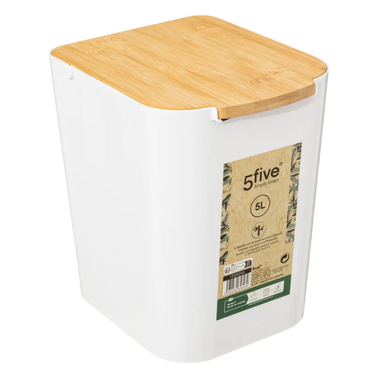 Poubelle à couvercle bambou 5L "Naturéo" blanc