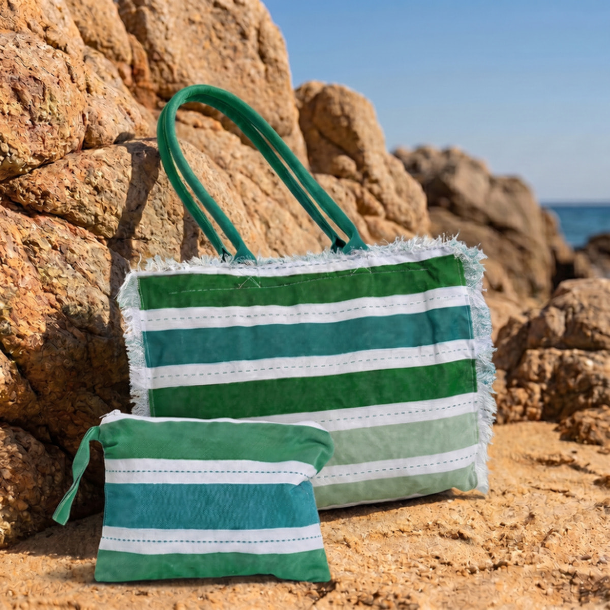 Borsa mare con pochette in cotone e poliestere - Multicolore